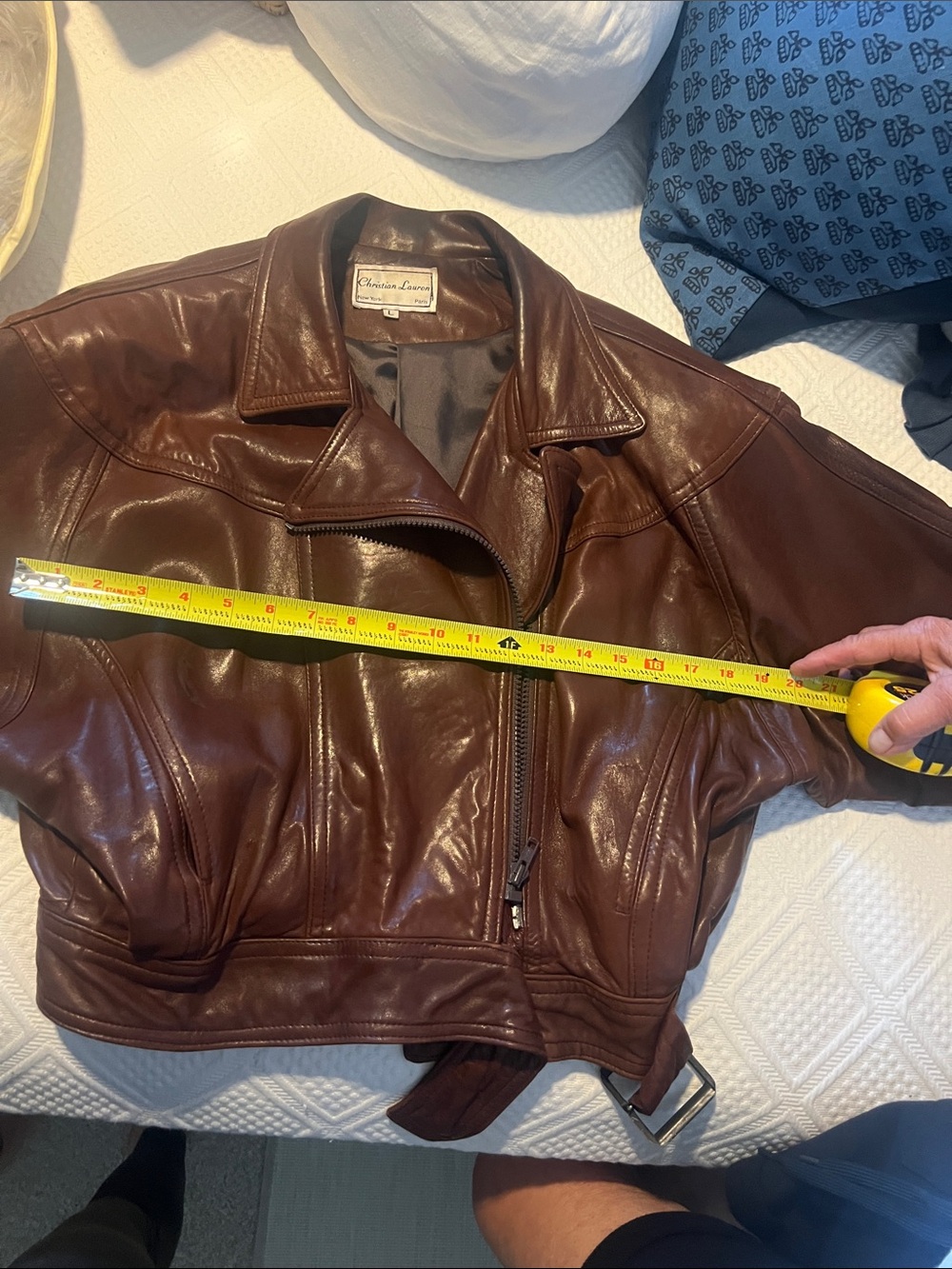 Christian Lauren Vintage Brown Leather Cropped Biker Jacket with Belt - Picture 6 of 9